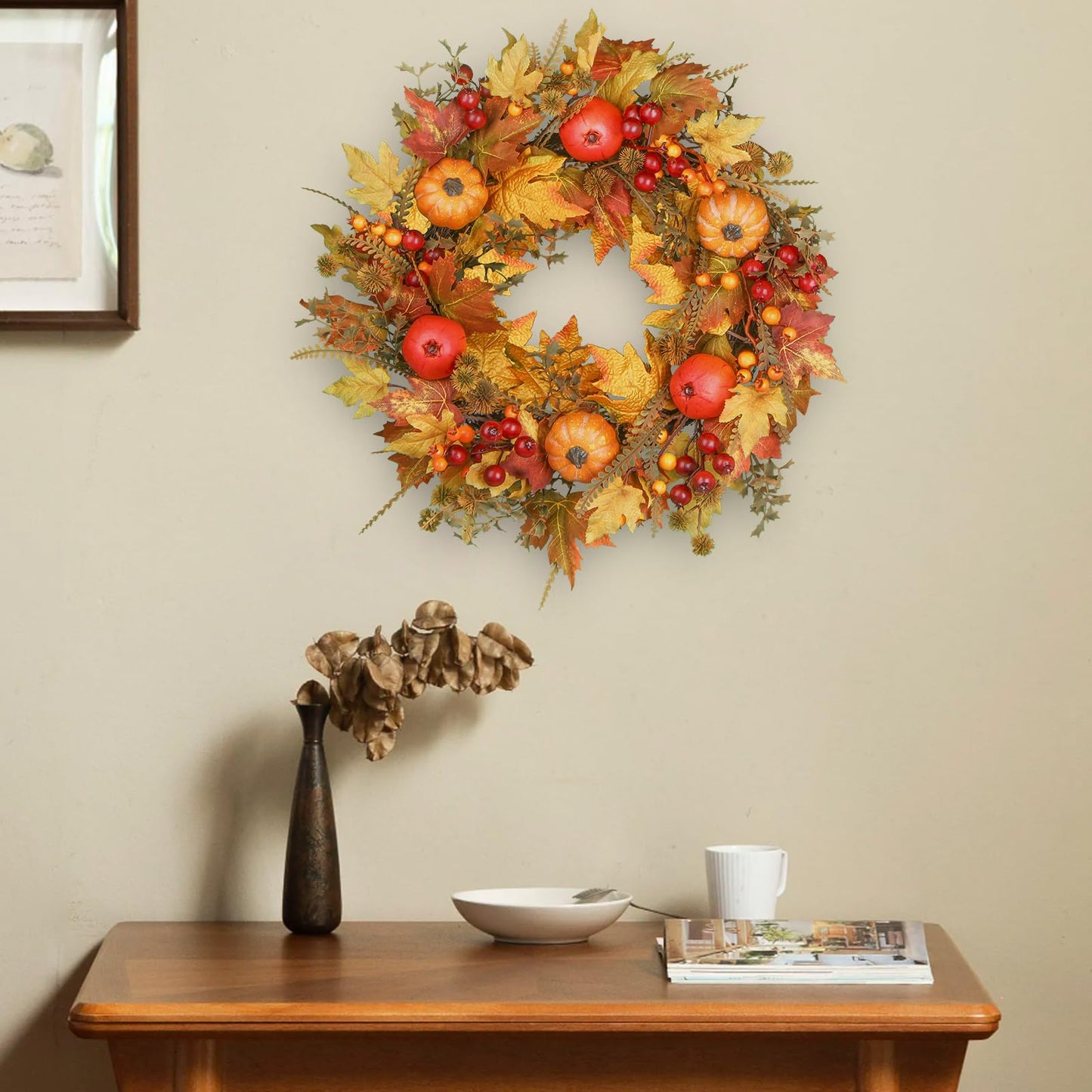 24 Inch Fall Wreath - Artificial Fall Wreaths for Front Door with Maple Leaves, Oak Leaves, Pumpkins Berries for Outside Indoor Wall Window Festival Thanksgiving Autumn Wreaths Decor