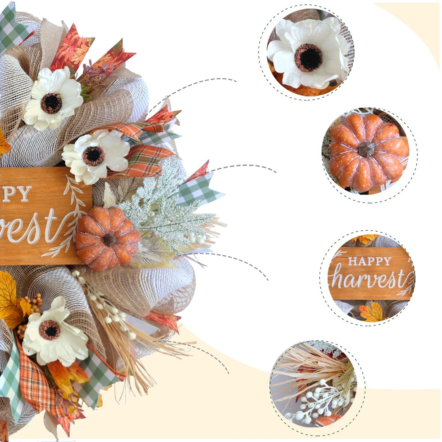 Bibelot 18 inch Fall Mesh Wreath,Autumn Artificial Wreath,Harvest Wreath with Autumn Maple Leaf Pumpkin Wreath for Thanksgiving Christmas Indoor Outdoor Decor