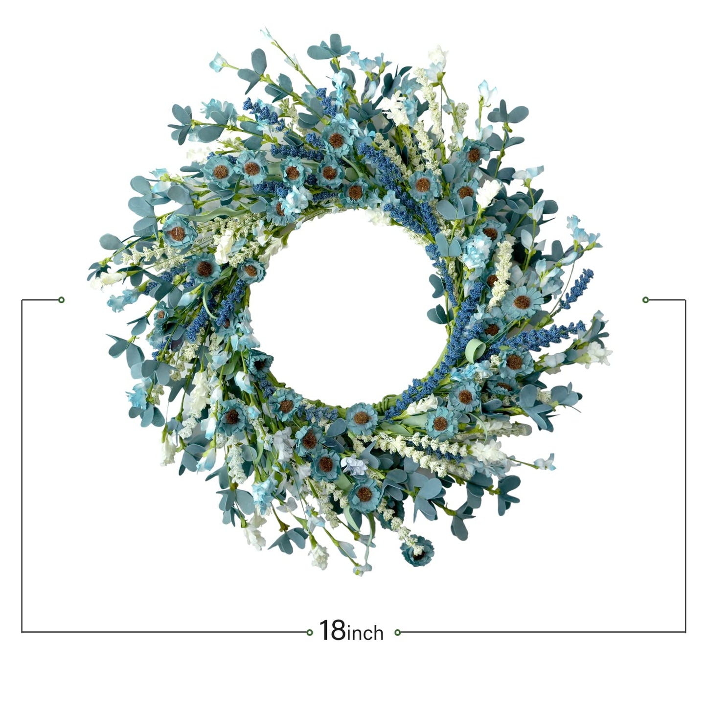 Bibelot 20 Inch Spring Wreath Blue with Green Leaves Daisy Artificial Grains White Flower for Front Door Wreath,Farmhouse Decor Indoor&Outdoor Wedding Wall Home