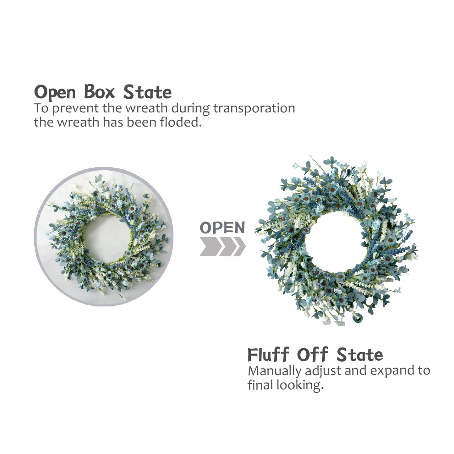 Bibelot 20 Inch Spring Wreath Blue with Green Leaves Daisy Artificial Grains White Flower for Front Door Wreath,Farmhouse Decor Indoor&Outdoor Wedding Wall Home