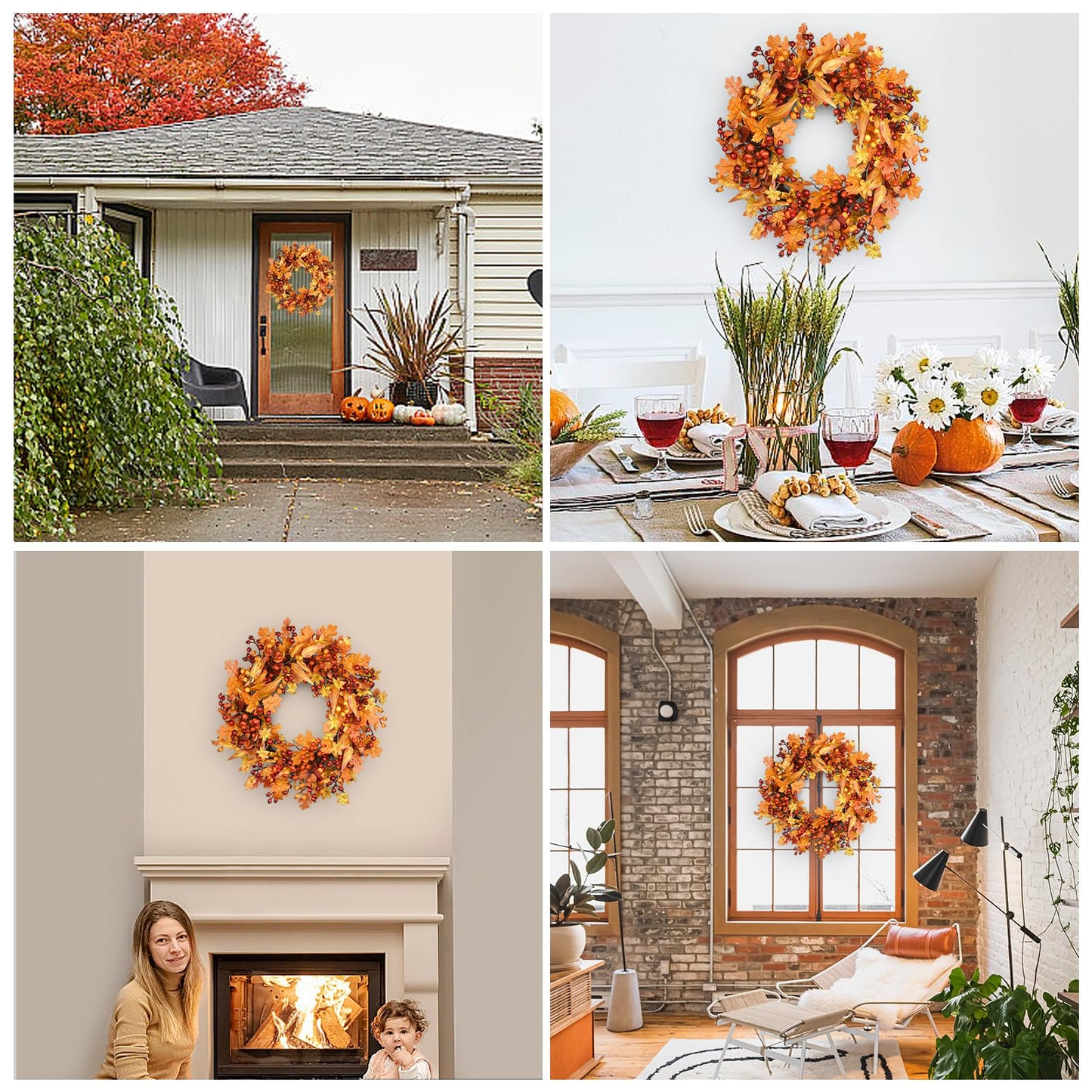 24 Inch Fall Wreath - Artificial Fall Wreaths for Front Door with Maple Leaves, Oak Leaves, Pumpkins Berries for Outside Indoor Wall Window Festival Thanksgiving Autumn Wreaths Decor