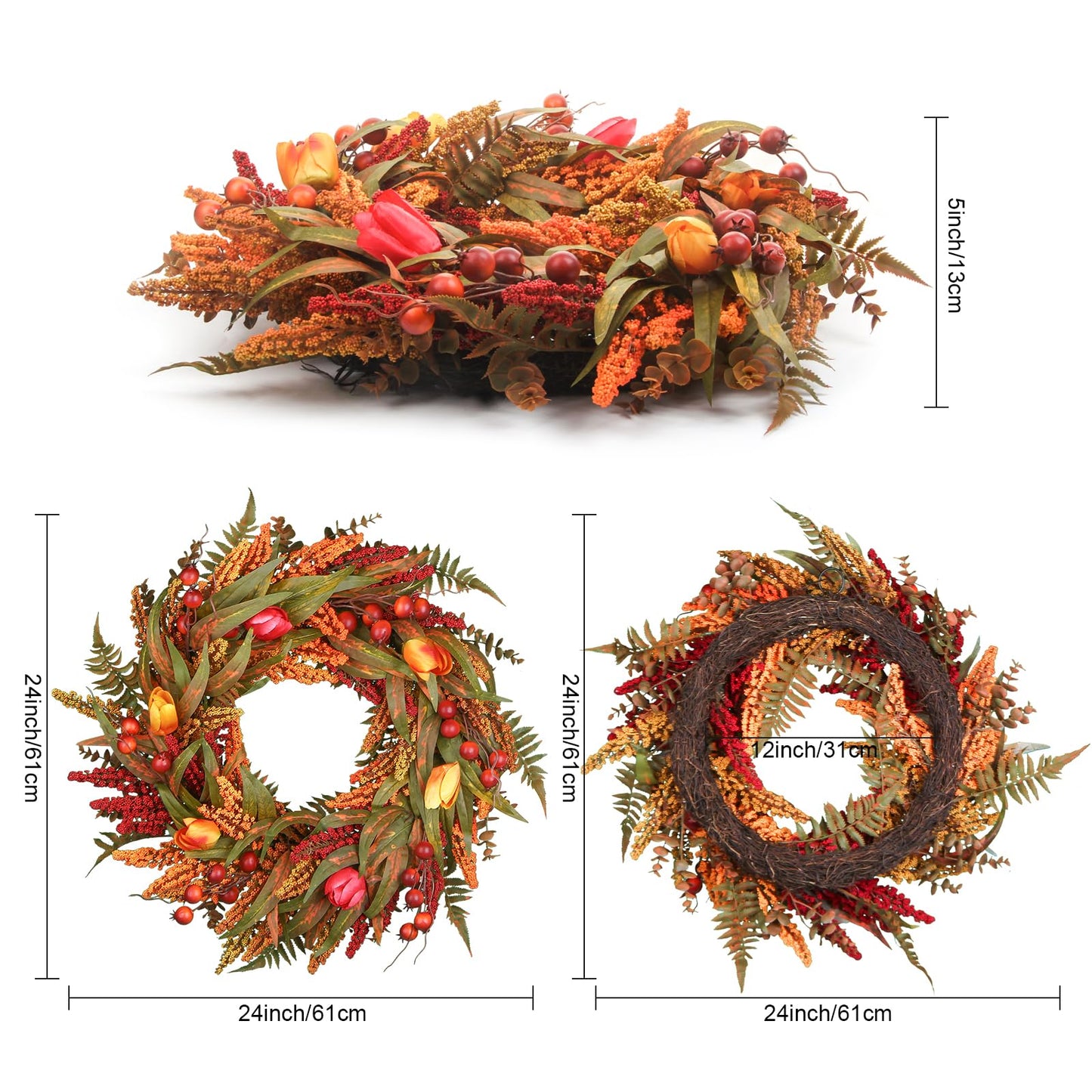 24 Inch Fall Wreath - Artificial Fall Wreaths for Front Door with Maple Leaves, Oak Leaves, Pumpkins Berries for Outside Indoor Wall Window Festival Thanksgiving Autumn Wreaths Decor