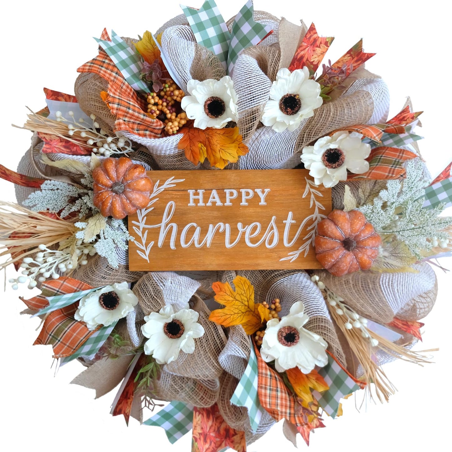 Bibelot 18 inch Fall Mesh Wreath,Autumn Artificial Wreath,Harvest Wreath with Autumn Maple Leaf Pumpkin Wreath for Thanksgiving Christmas Indoor Outdoor Decor