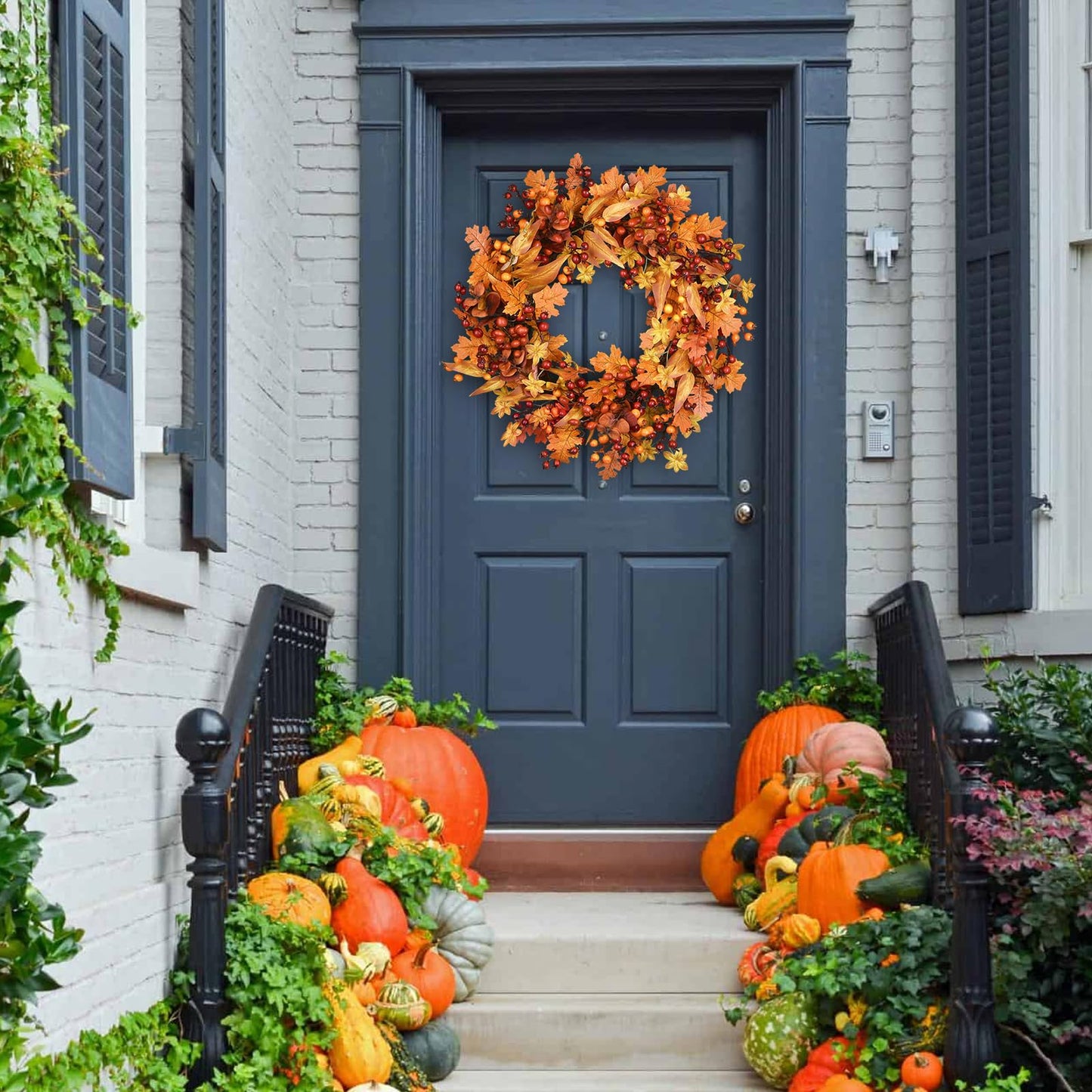 24 Inch Fall Wreath - Artificial Fall Wreaths for Front Door with Maple Leaves, Oak Leaves, Pumpkins Berries for Outside Indoor Wall Window Festival Thanksgiving Autumn Wreaths Decor