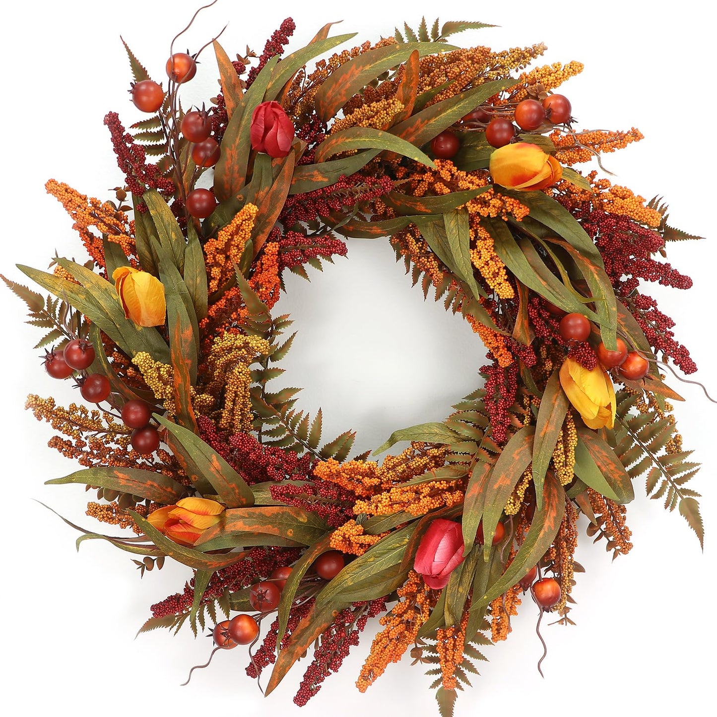 24 Inch Fall Wreath - Artificial Fall Wreaths for Front Door with Maple Leaves, Oak Leaves, Pumpkins Berries for Outside Indoor Wall Window Festival Thanksgiving Autumn Wreaths Decor