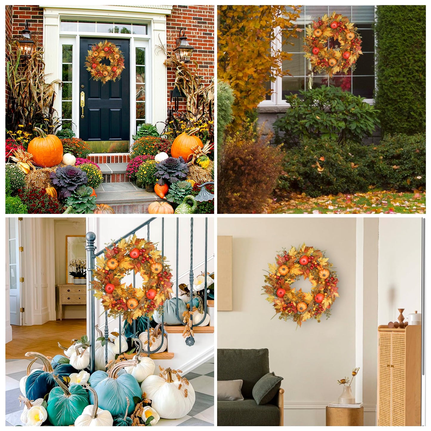 24 Inch Fall Wreath - Artificial Fall Wreaths for Front Door with Maple Leaves, Oak Leaves, Pumpkins Berries for Outside Indoor Wall Window Festival Thanksgiving Autumn Wreaths Decor