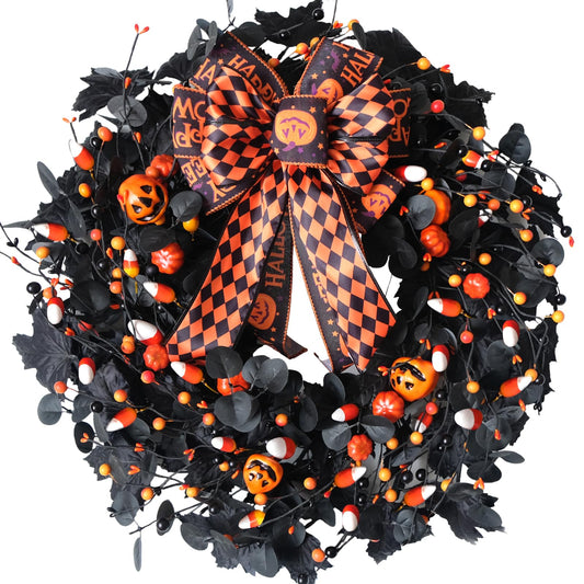 Bibelot 22inch Halloween Eucalyptus Wreaths Bow Decorative Wreaths Black Wreaths Pumpkin Decorative Wreaths Party Holiday Celebration Wreaths Indoor Outdoor Home Decoration Wreath