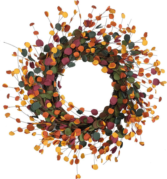 Bibelot 20 inches Fall Eucalyptus Leaves Wreath, Soft Touch Mixed Color Autumn Leaf Wreath for Front Door Decor, Harvest and Thanksgiving Home Decorations,Indoor/Outdoor Use