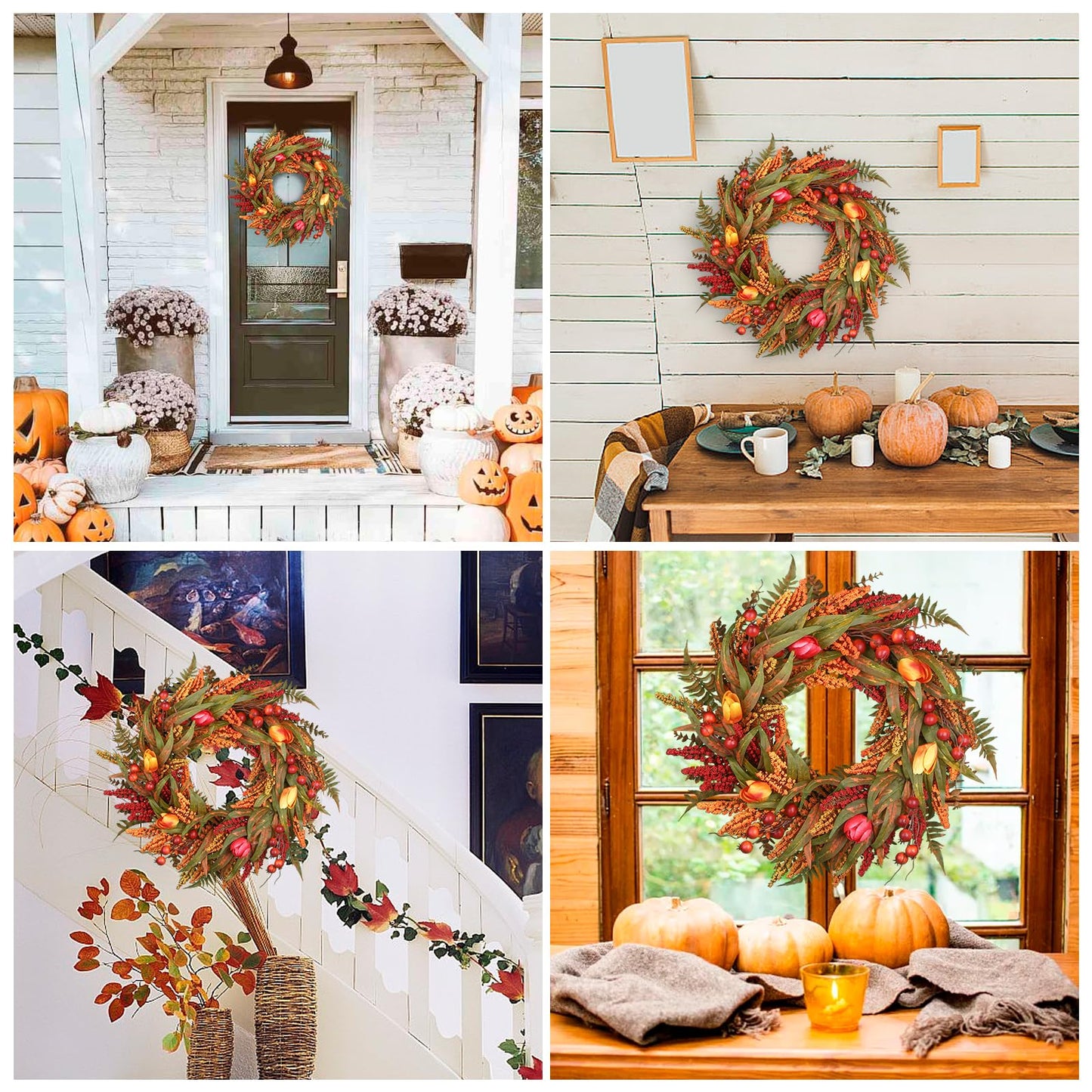 24 Inch Fall Wreath - Artificial Fall Wreaths for Front Door with Maple Leaves, Oak Leaves, Pumpkins Berries for Outside Indoor Wall Window Festival Thanksgiving Autumn Wreaths Decor