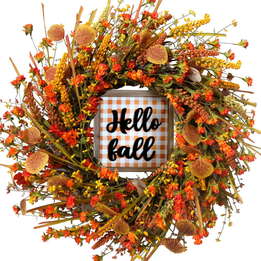 20Inch Fall Grain Wreath Artificial Autumn Wreath with Colorful Daisies, Fall Leaves Gold Wheat Harvest Wreath for Front Door Wall Window, Ideal for Autumn & Halloween & Thanksgiving Decor