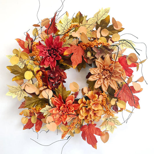 22 Inch Fall Wreaths for Front Door with Maple Leaves Dahlia, Fall Door Wreath Autumn Wreath for Thanksgiving Halloween Outdoor Indoor Farmhouse Party Holiday Porch Home Decor