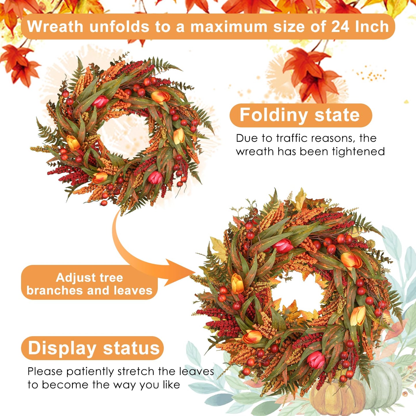 24 Inch Fall Wreath - Artificial Fall Wreaths for Front Door with Maple Leaves, Oak Leaves, Pumpkins Berries for Outside Indoor Wall Window Festival Thanksgiving Autumn Wreaths Decor