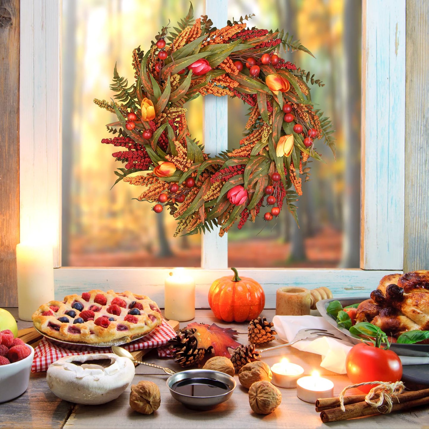 24 Inch Fall Wreath - Artificial Fall Wreaths for Front Door with Maple Leaves, Oak Leaves, Pumpkins Berries for Outside Indoor Wall Window Festival Thanksgiving Autumn Wreaths Decor