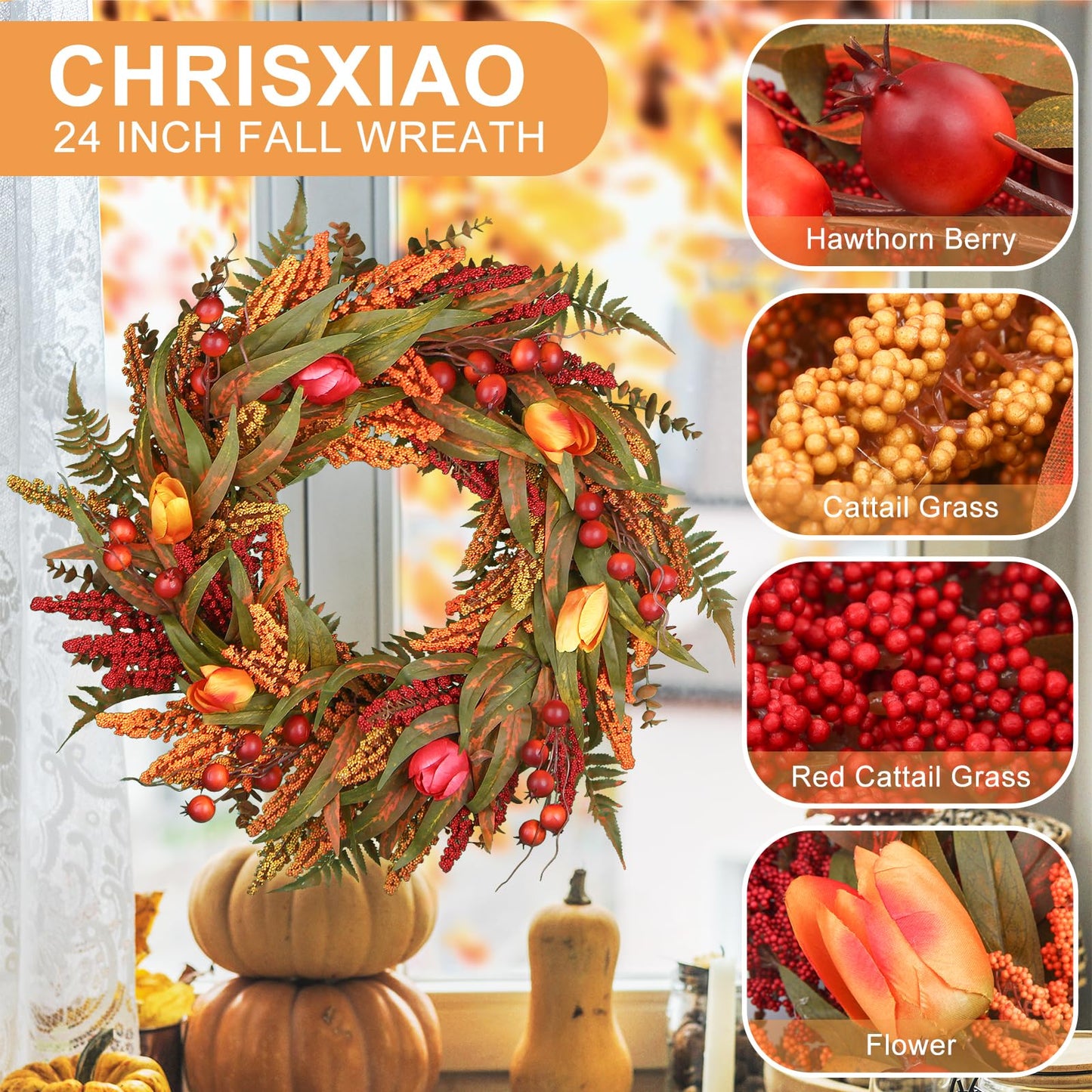 24 Inch Fall Wreath - Artificial Fall Wreaths for Front Door with Maple Leaves, Oak Leaves, Pumpkins Berries for Outside Indoor Wall Window Festival Thanksgiving Autumn Wreaths Decor