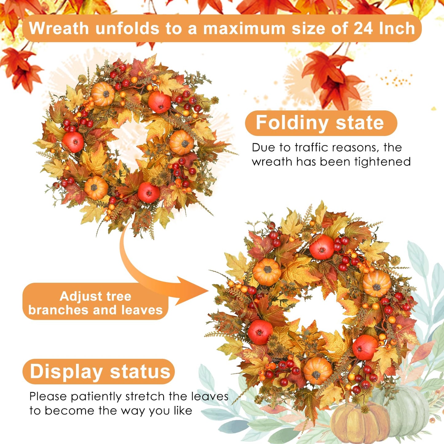 24 Inch Fall Wreath - Artificial Fall Wreaths for Front Door with Maple Leaves, Oak Leaves, Pumpkins Berries for Outside Indoor Wall Window Festival Thanksgiving Autumn Wreaths Decor